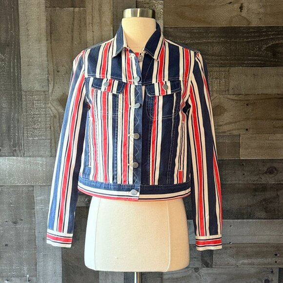 Urban Outfitters BDG jean jacket small red white and blue denim preppy stripes - Picture 7 of 12